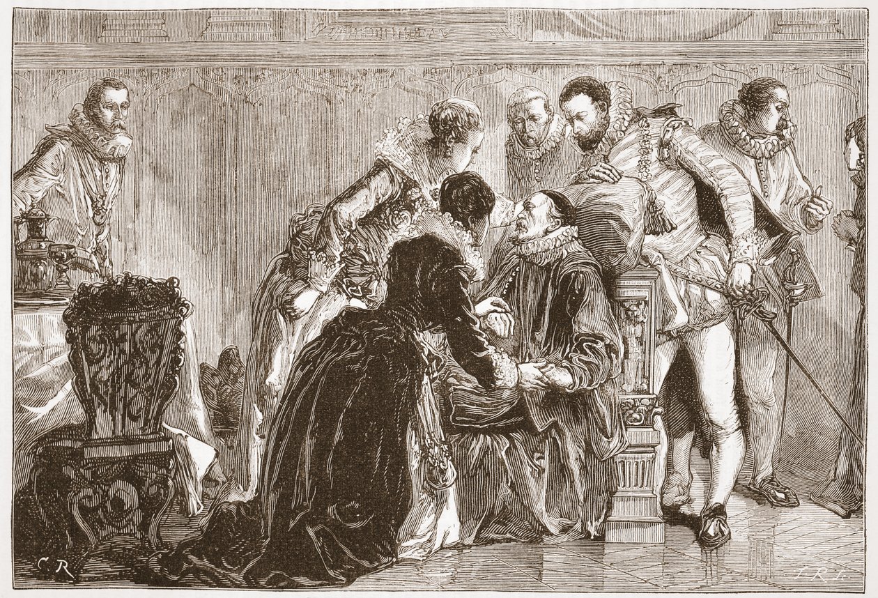 Orangen prinssin William hiljaisen kuolema, kuvitus James Aitken Wylien (1808-1890) teoksesta "Protestantismin historia", pub. 1878 (kaiverrus) tekijältä English School
