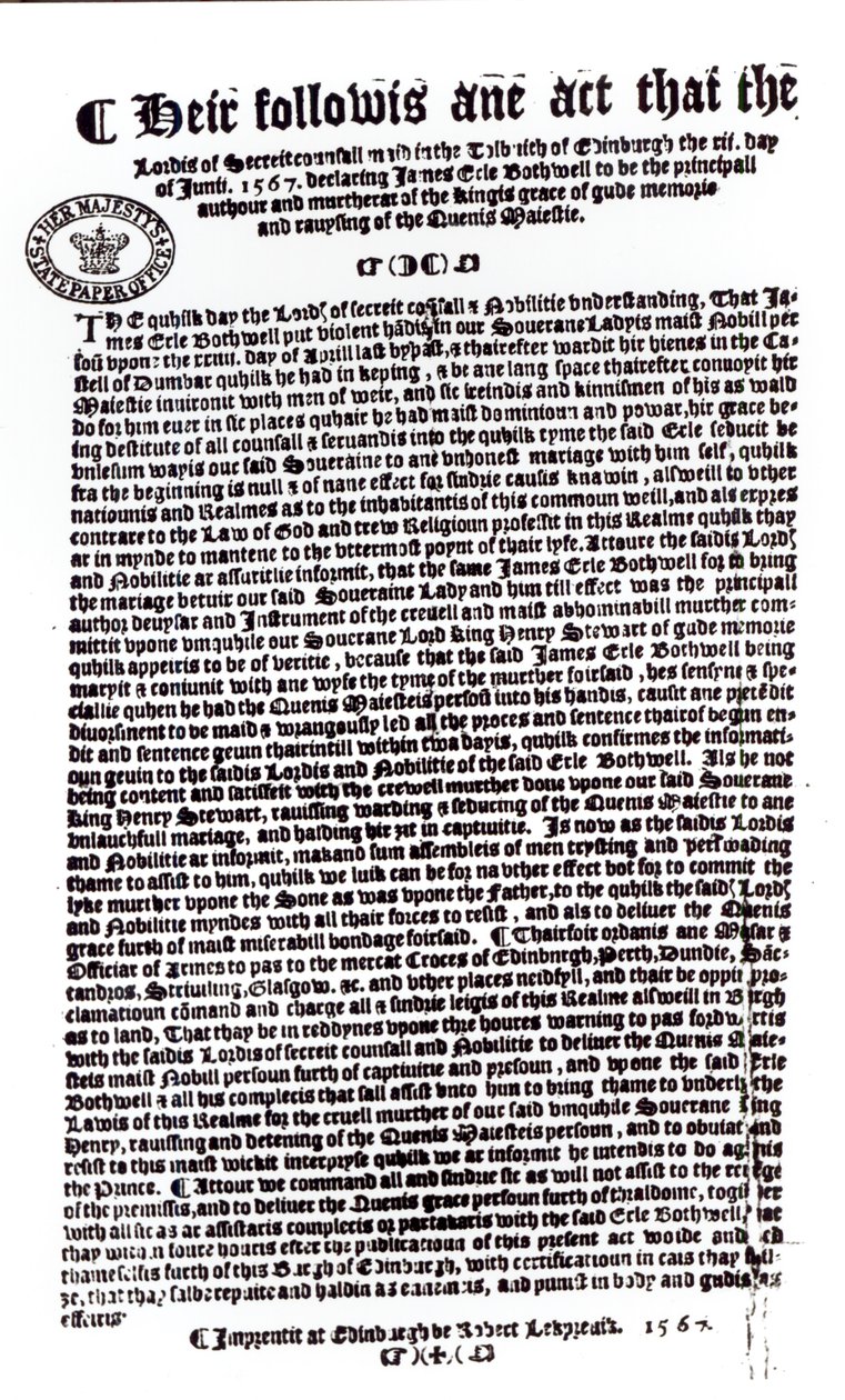 Lordien julistus, jossa todetaan Earl of Bothwellin lordi Darnleyn murhaaja, 1567 (kynä ja muste paperilla) tekijältä English School