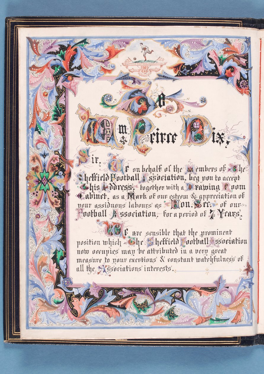 Omistus puheesta, jonka Sheffield Football Association piti William Pierce-Dixille hänen jäätyään eläkkeelle sihteerinä, 1882 (muste paperilla) (katso myös 315163) tekijältä English School