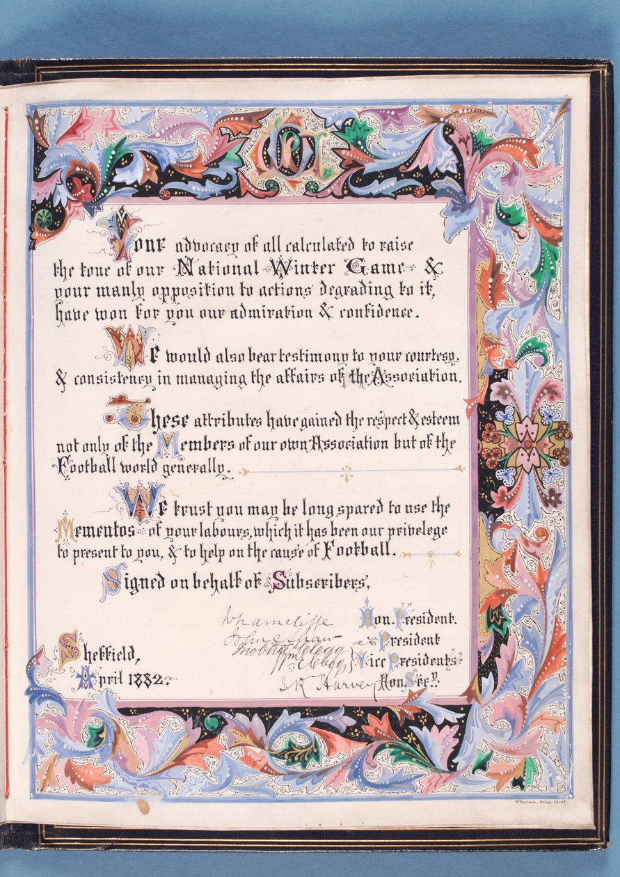 Omistus puheesta, jonka Sheffield Football Association piti William Pierce-Dixille hänen jäätyään eläkkeelle sihteerinä, 1882 (muste paperilla) (katso myös 315162) tekijältä English School