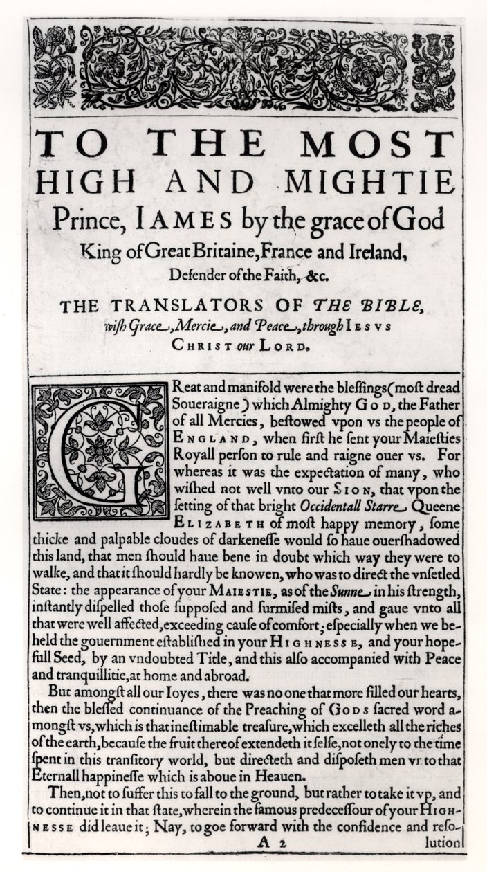 Pyhän Raamatun omistussivu, pub. Kirjailija: Robert Barker, 1611 tekijältä English School