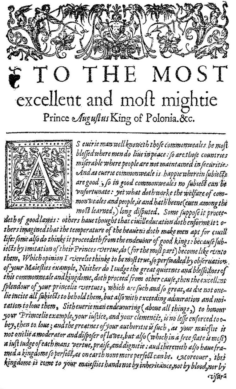 Omistautuminen Puolan kuninkaalle Sigismund II Augustus I teoksessa The Counsellor, Wawrzyniec Grzyma?a Go?lickis De optimo senatore, ensimmäinen englanninkielinen käännös, 1598 (painettu) tekijältä English School