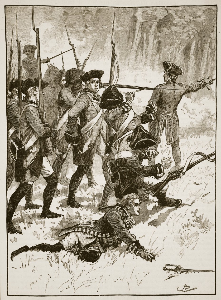 Kenraali Braddockin tappio intiaanien väijytyksessä, 1755, kuva Cassells Illustrated History of Englandista (seepiakuva) tekijältä English School