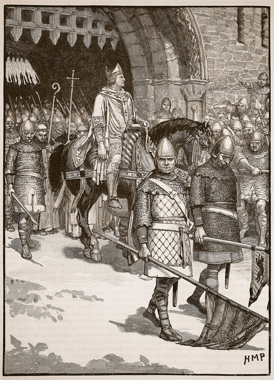 Piispa Odon lähtö Rochesterista, kuvitus Cassells Illustrated History of Englandista (seepiakuva) tekijältä English School