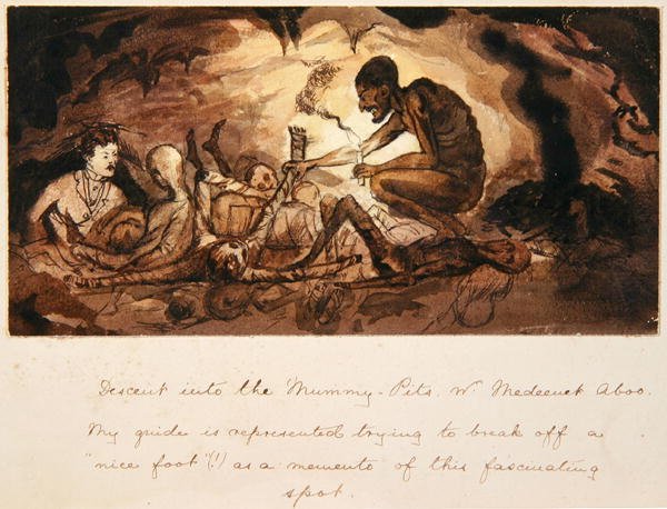 Laskeutuminen Muumio-kuoppiin, nro. Medeenet Aboo, n. 1880 (kynä & muste ja pesu) tekijältä English School