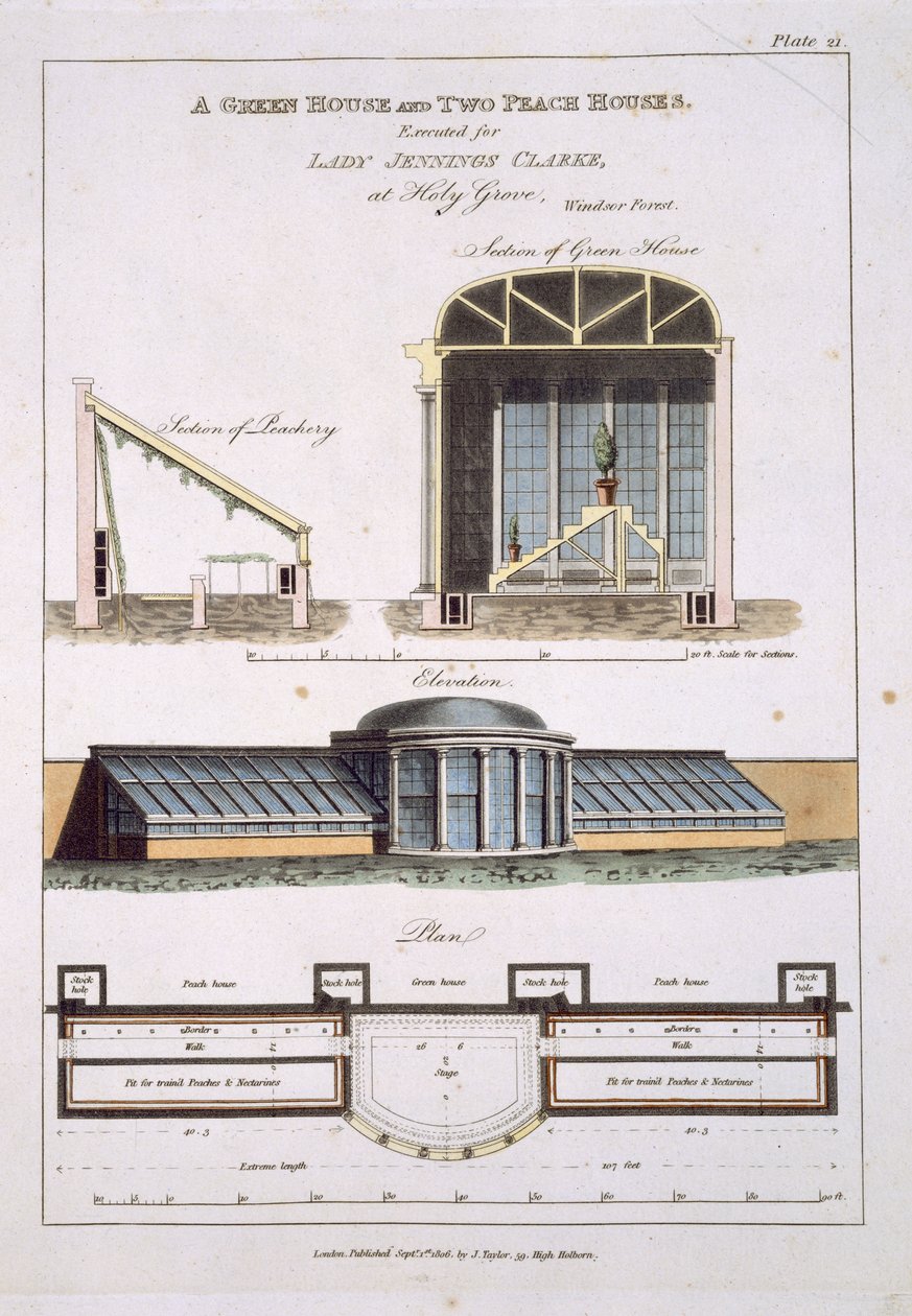 Suunnittelu vihreälle talolle ja kahdelle persikkatalolle, 1806 tekijältä English School