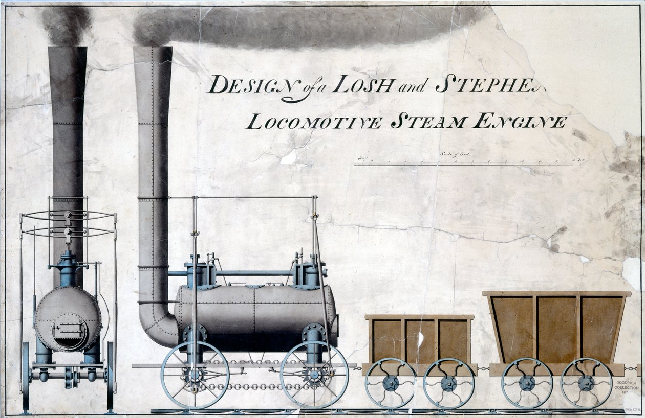 Losh and Stephenson Locomotive Steam Enginen suunnittelu, n. 1826 (kynä ja muste ja pesu paperille) tekijältä English School