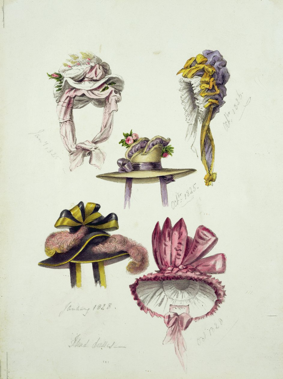 Suunnittele Regency Hats, 1828 (wc kynällä paperille) tekijältä English School