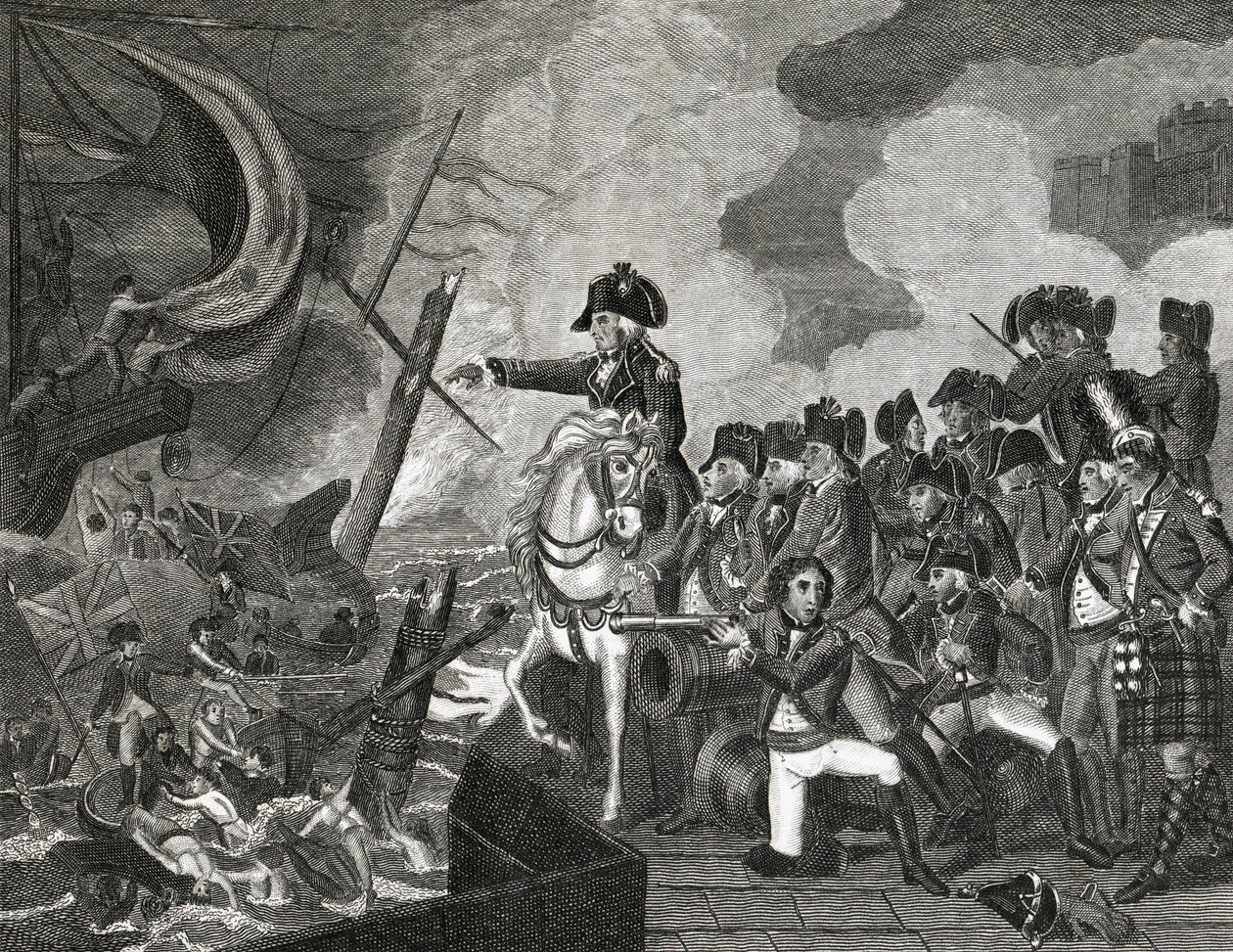 Tykkiveneiden tuhoaminen ennen Gibraltaria, kaiverrus H. Cook, 1816 tekijältä English School