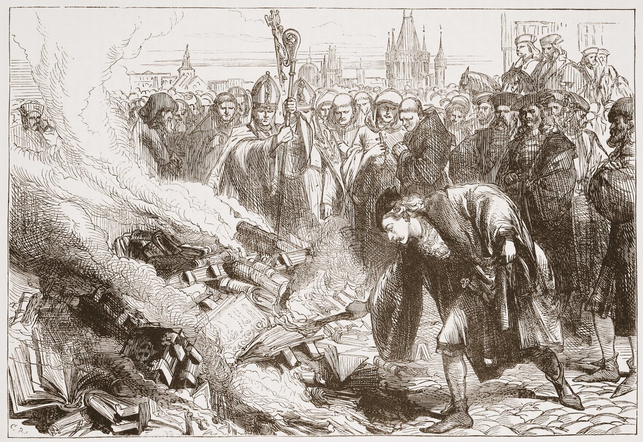 Wicliffen teosten tuhoaminen Prahassa, kuvitus James Aitken Wylien (1808-1890) Protestantismin historiasta, pub. 1878 tekijältä English School
