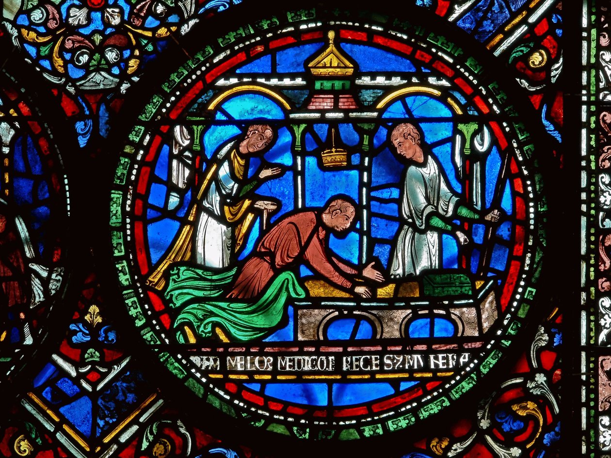 Yksityiskohta Miracle Window -ikkunasta, jossa on kuvattu William Kellett ja Adam Forrester tekijältä English School