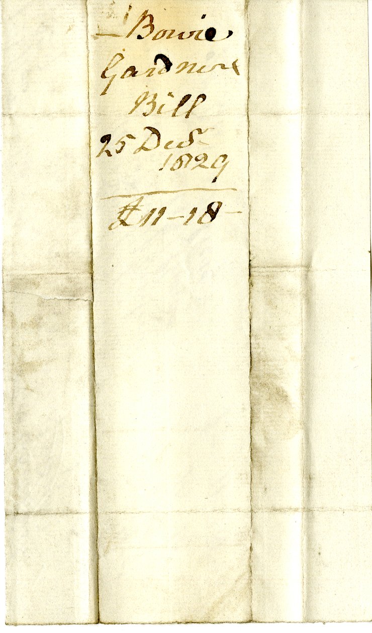 Devonshire MSS AS 3101, folio Pinder Simpsonin lordi George Cavendishille maksamista laskuista, mukaan lukien Alexander Bowien lasku tekijältä English School