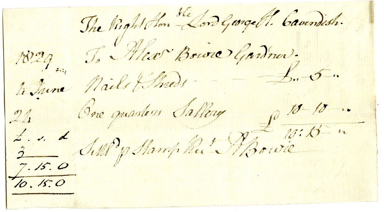 Devonshire MSS AS 3101, folio Pinder Simpsonin lordi George Cavendishille maksamista laskuista, mukaan lukien Alexander Bowien lasku tekijältä English School
