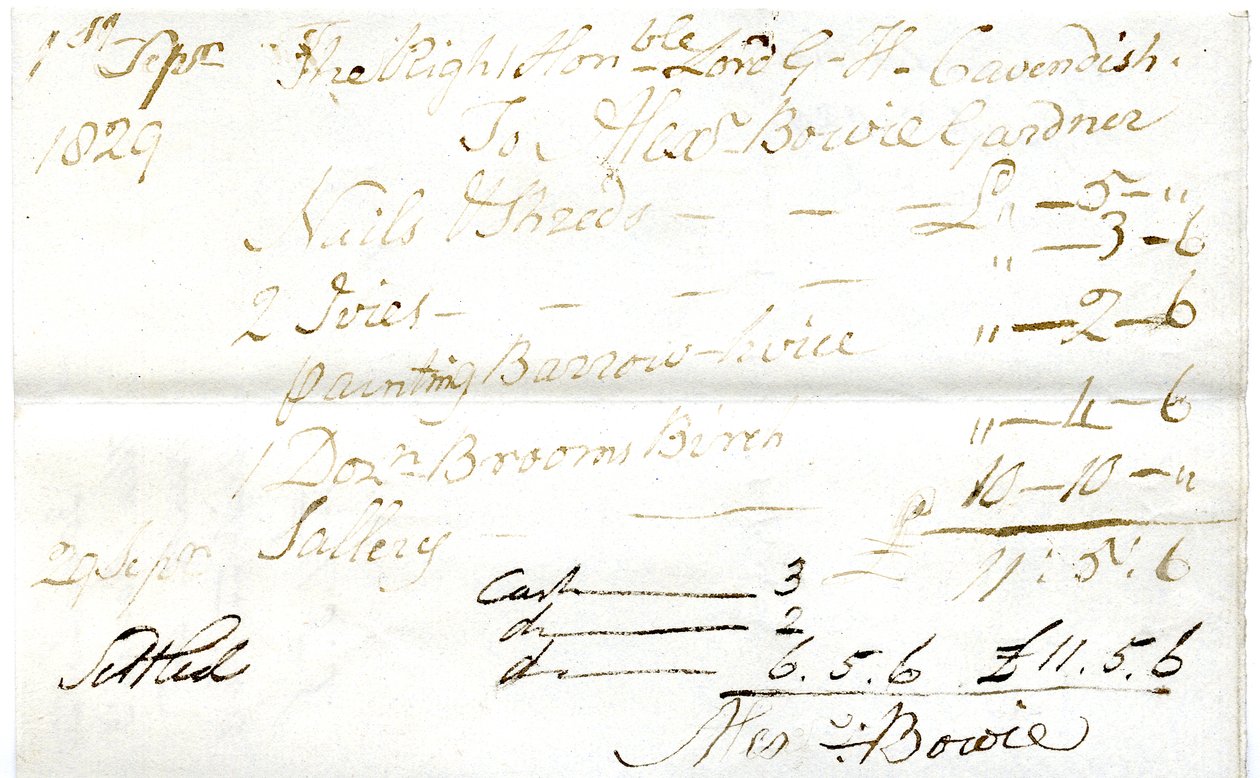 Devonshire MSS AS 3101, folio Pinder Simpsonin lordi George Cavendishille maksamista laskuista, mukaan lukien Alexander Bowien lasku tekijältä English School