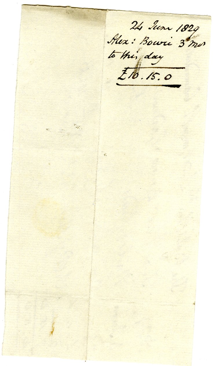 Devonshire MSS AS 3101, folio Pinder Simpsonin lordi George Cavendishille asettamista laskuista, mukaan lukien Alexander Bowien lasku. tekijältä English School