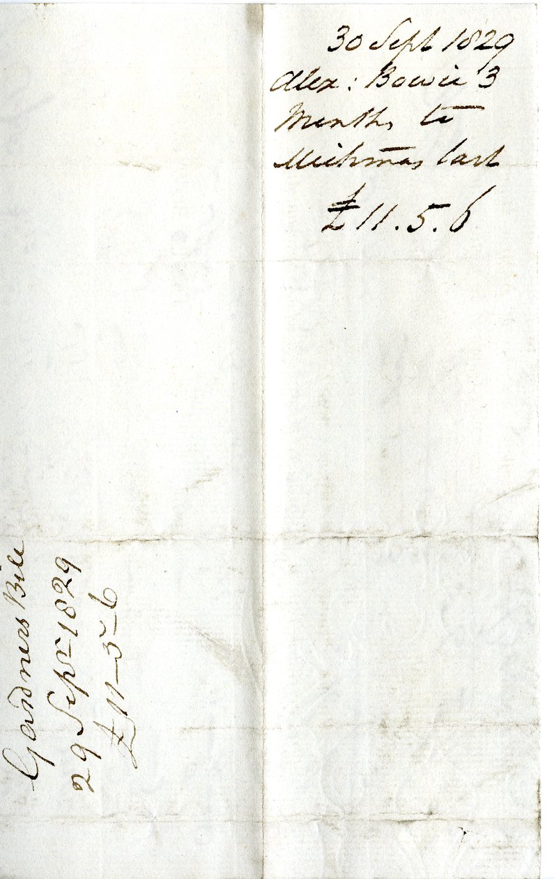 Devonshire MSS AS 3101, folio Pinder Simpsonin lordi George Cavendishille maksamista laskuista, mukaan lukien Alexander Bowien lasku tekijältä English School