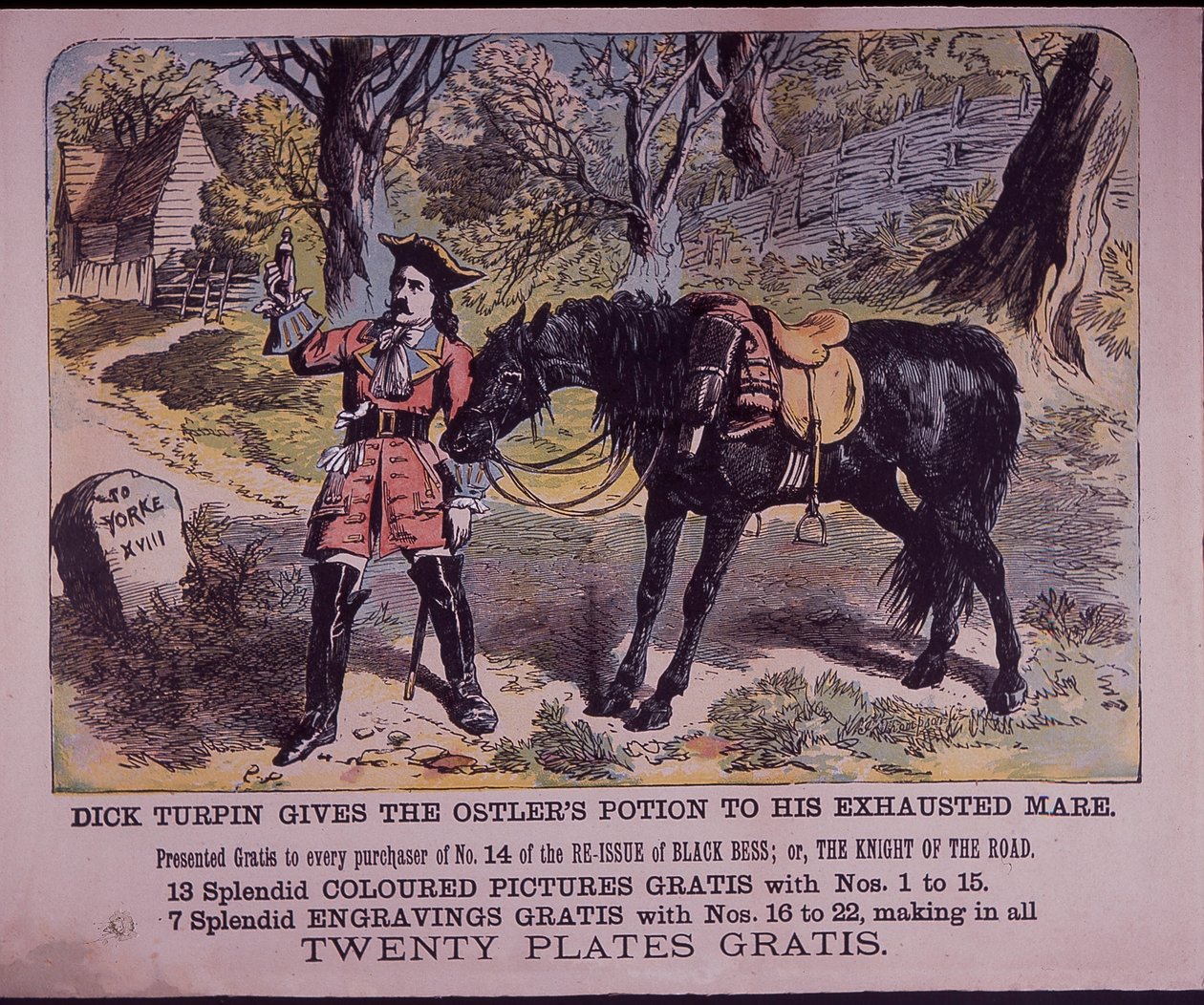 Dick Turpin hevosensa kanssa Black Bess matkalla Yorkiin (värilitho) tekijältä English School