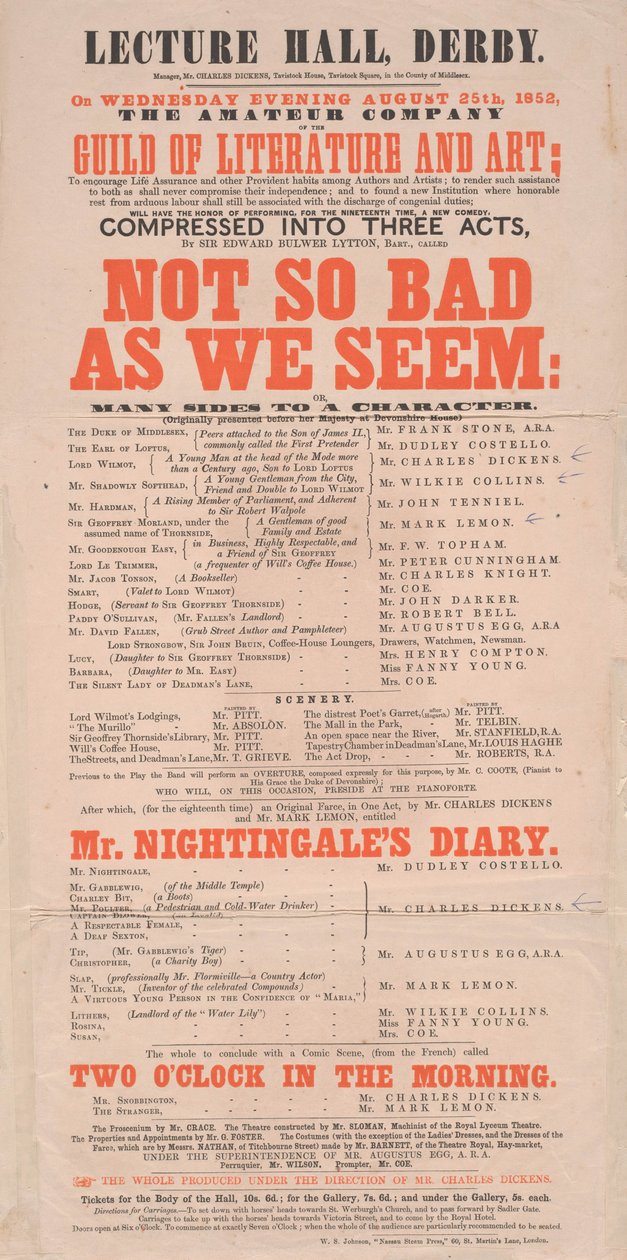 Dickens playbill: Ei niin pahalta kuin näytämme luentosalissa, Derby, ohjelma 25. elokuuta 1852 tekijältä English School