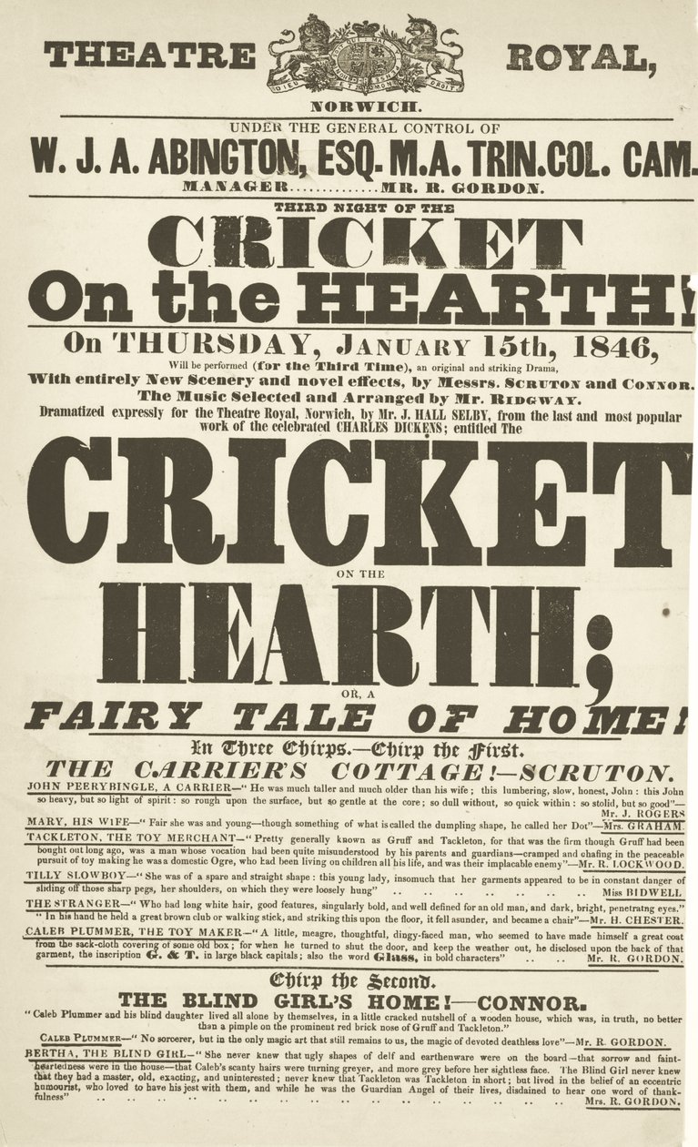 Dickens playbill: The Cricket on the Hearth at Theatre Royal, Derby, 15. tammikuuta 1846 tekijältä English School