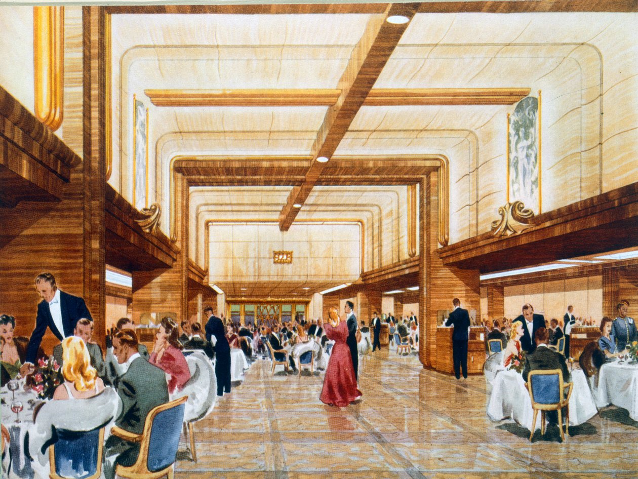Illallinen ja tanssia RMS Caronialla, mainosesitteestä, 1947 tekijältä English School