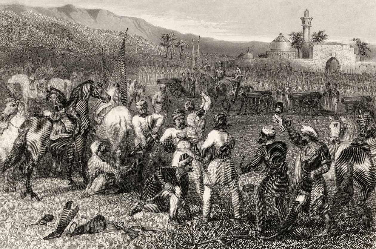 11. epäsäännöllisen ratsuväen aseista riisuminen Berhamporessa vuonna 1857, vuonna 1858 julkaistusta "Intian kapinan historiasta" tekijältä English School