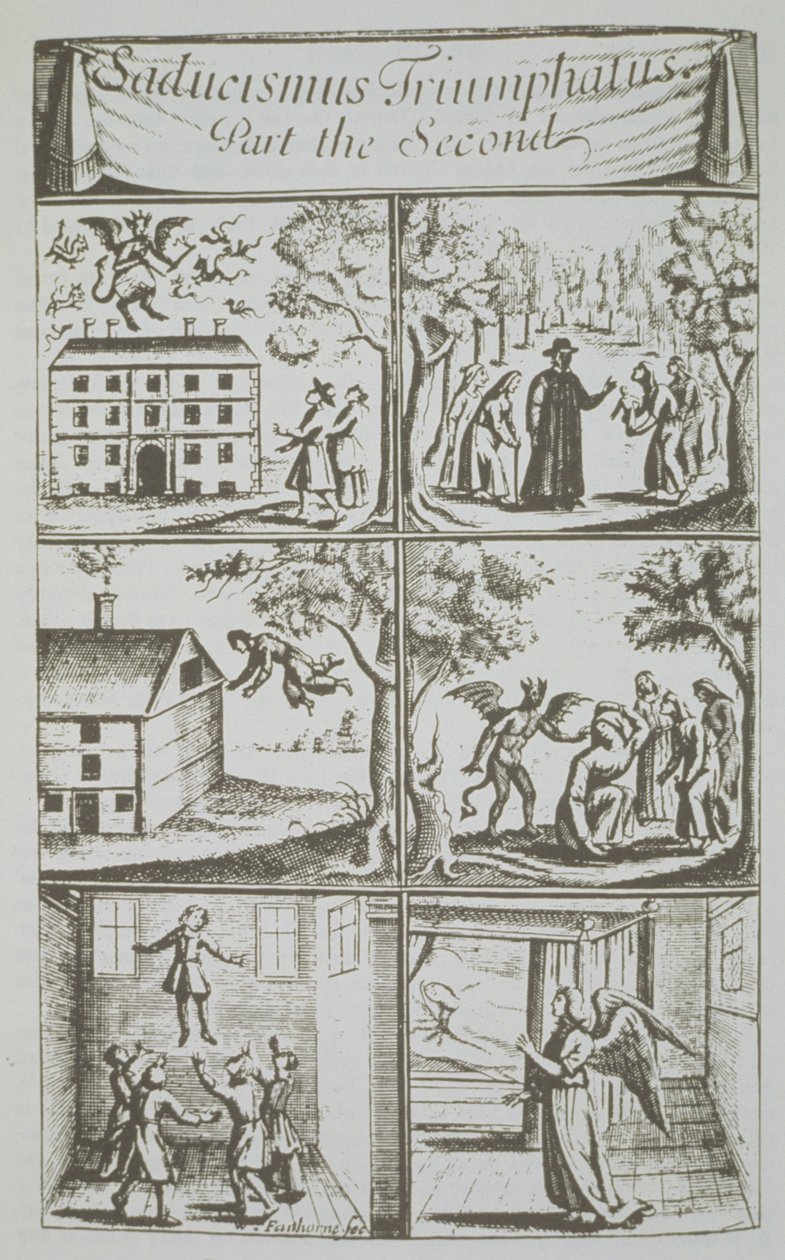 Paholaisen moninaiset ilmenemismuodot, kopio kuvituksesta Sadducismus Triumphatus Part II, Joseph Glanvil, Lontoo 1681, käytetty Historia of Magic, julkaistu 1800-luvun lopulla tekijältä English School