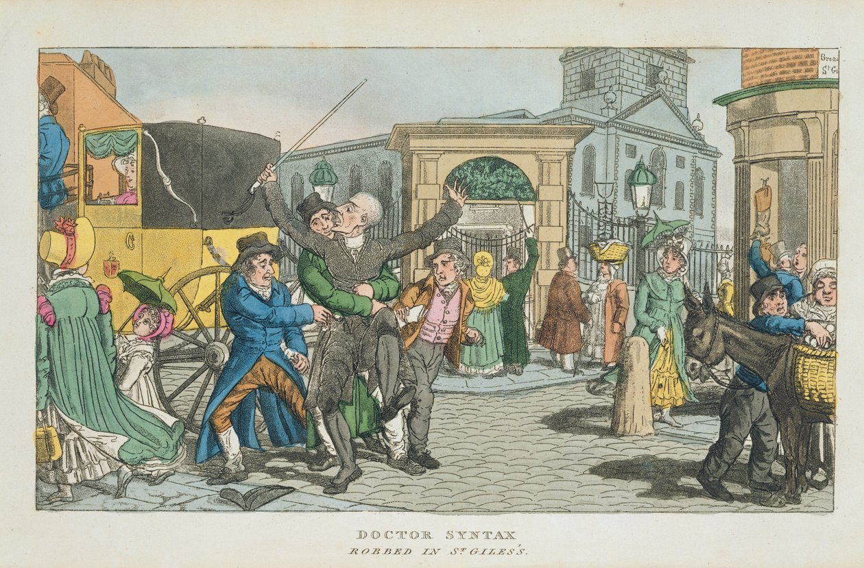 Tohtori Syntax ryöstetty St. Gilessissä, The Tour of Doctor Syntaxista Lontooseen tai Pleasures and Miseries of the Metropolis. Runo, julkaistu 1820 (akvatinta) tekijältä English School