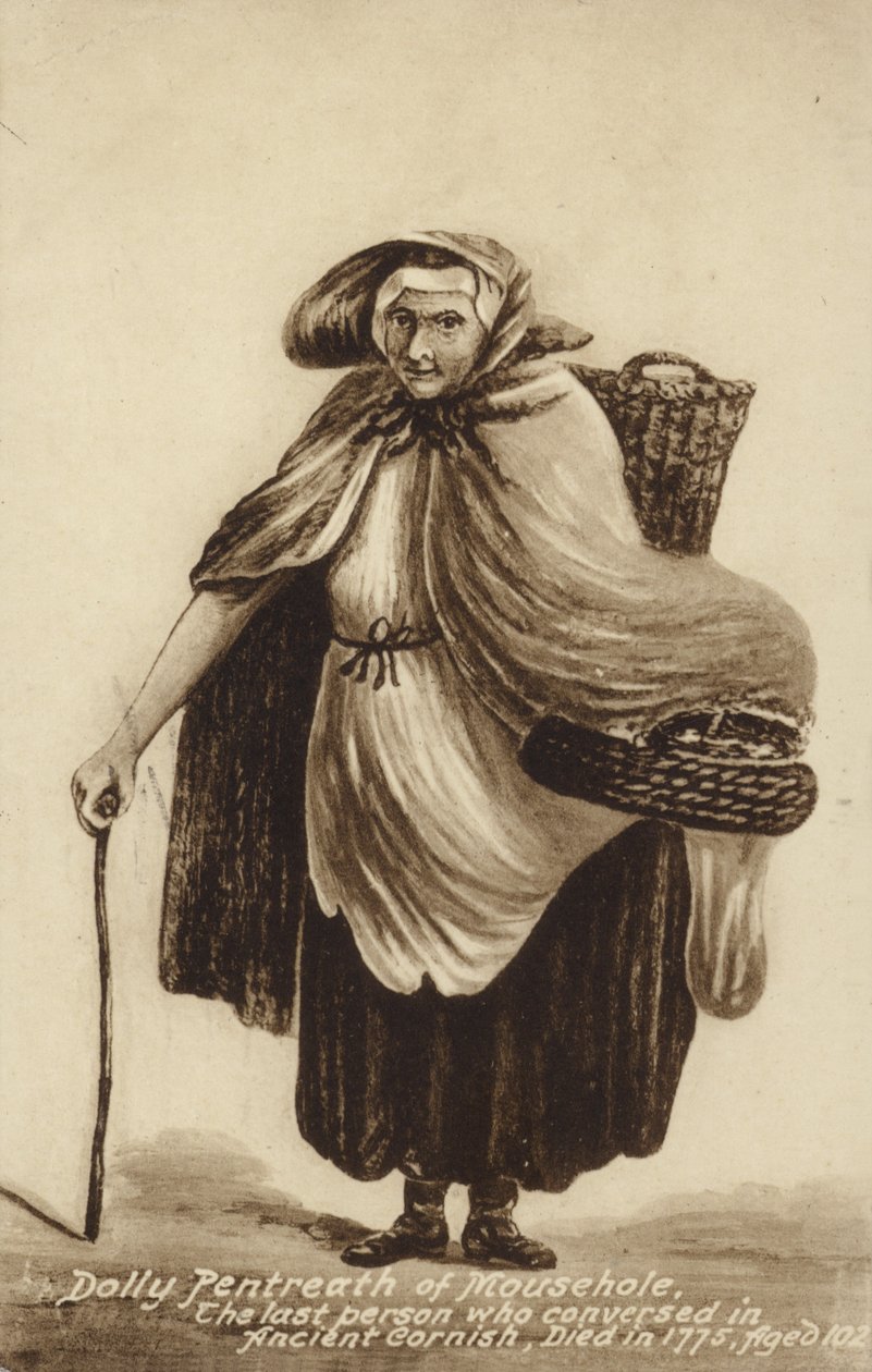 Dolly Pentreath of Mousehole, viimeinen henkilö, joka keskusteli muinaisella cornishin kielellä (litografia). tekijältä English School