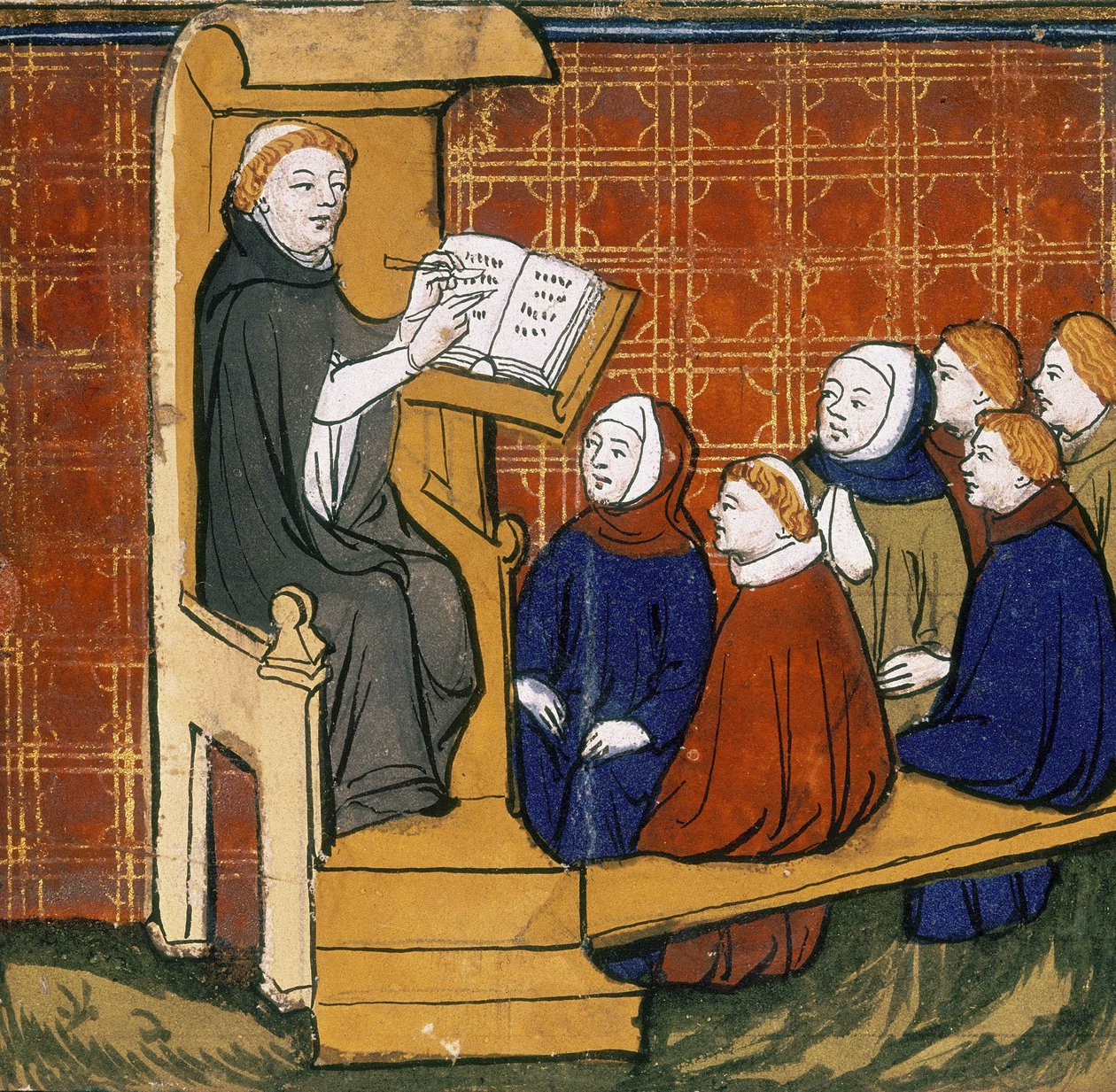 Dominikaaninen opettaja istuu kirjan kanssa puhujapuhujassa, oppilaat maassa hänen edessään. ""Livre des Proprietes des Choses"", 1500-luvun alku. tekijältä English School