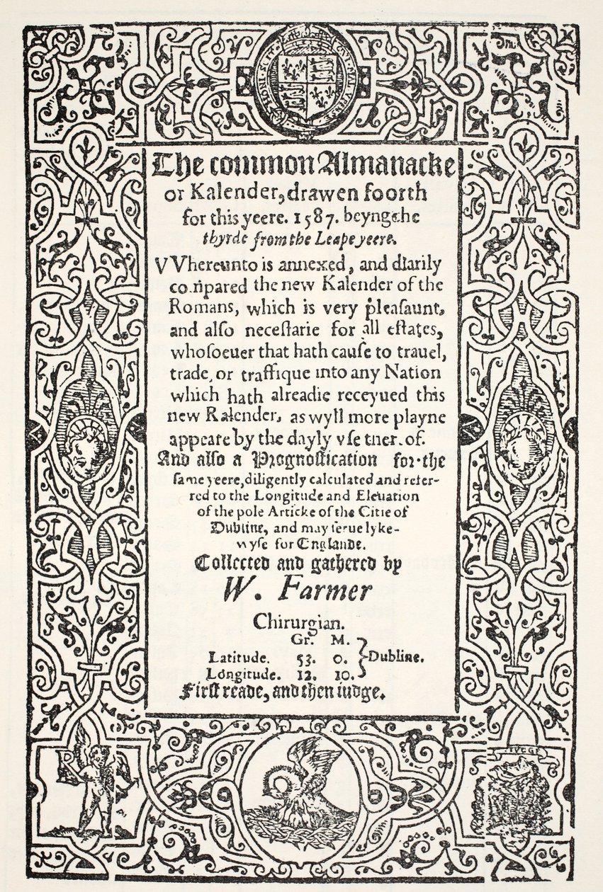Double Almanack (yleinen ja uusi) ja Prognostication for Dublin vuodelle 1587, W. Farmer, painat Watkins ja Roberts, 1587 tekijältä English School