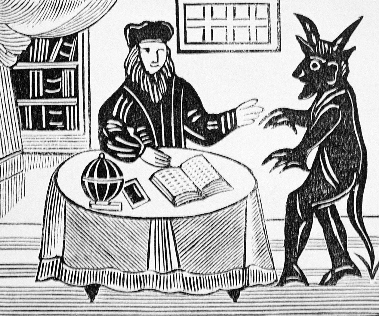 Tohtori Faustus neuvonantajana paholaisen kanssa, Gentsin käännöksestä Christopher Marlowen (1564-93) Dr. Faustuksen käännös 1648 esoteeria-aiheisten ohjekirjojen kokoelmasta tekijältä English School
