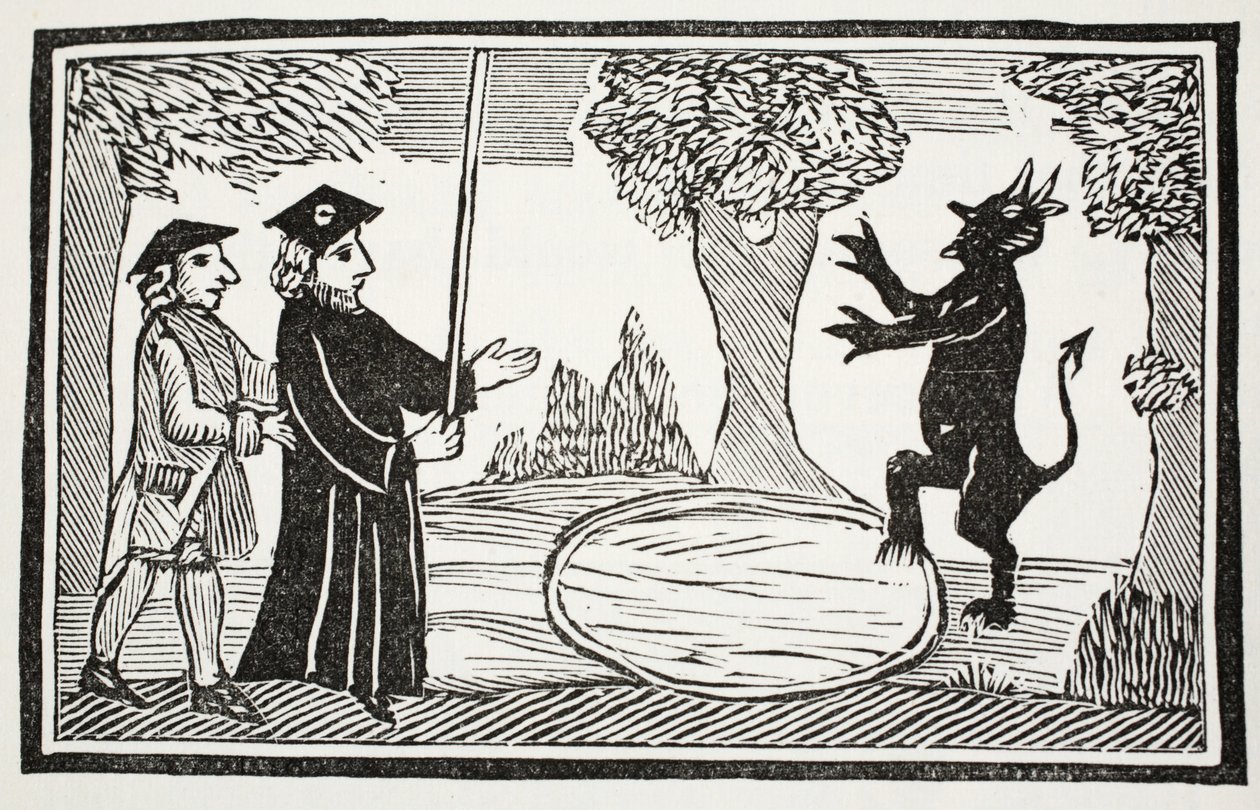 Tohtori Faustus nostaa paholaisen, kuvitus John Ashtonin pubista Chap-books of the Eightenth Century. 1882 tekijältä English School