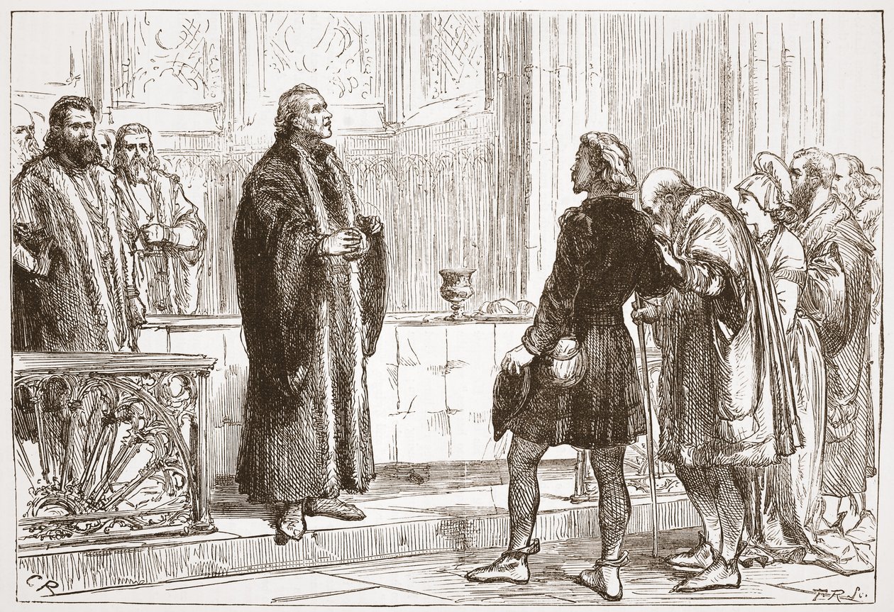 Tri Haller jakamassa herran ehtoollista Bernin katedraalissa, kuvitus James Aitken Wylien (1808-1890) teoksesta The History of Protestantism, pub. 1878 tekijältä English School