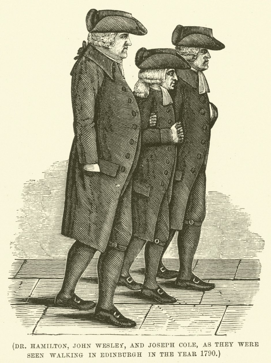 Tohtori Hamilton, John Wesley ja Joseph Cole, kun heidät nähtiin kävelemässä Edinburghissa vuonna 1790 (kaiverrus). tekijältä English School