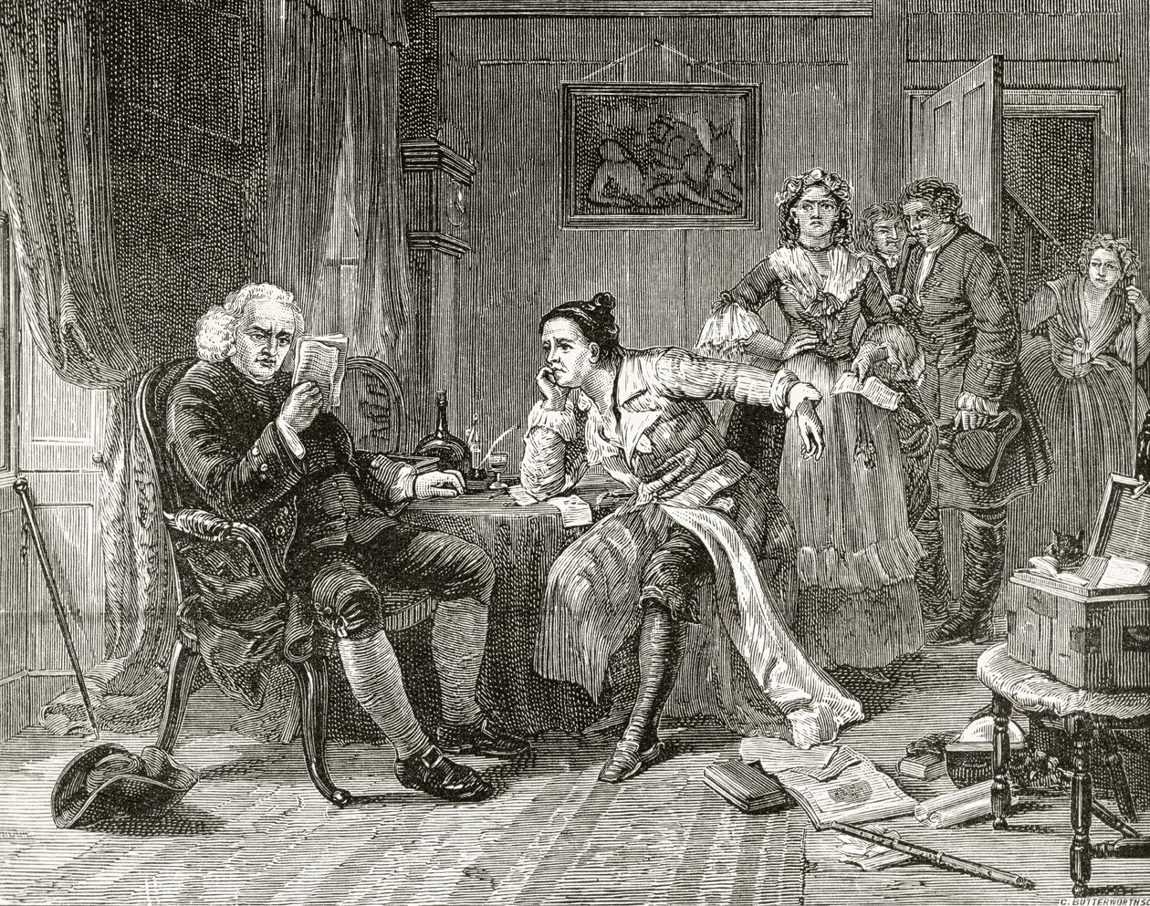 Tohtori Samuel Johnson lukee "The Vicar of Wakefieldin" käsikirjoitusta "London Pictures: Drawn with Pen and Pencil" -julkaisusta, pastori Richard Lovett, julkaistu 1890 (litho) tekijältä English School
