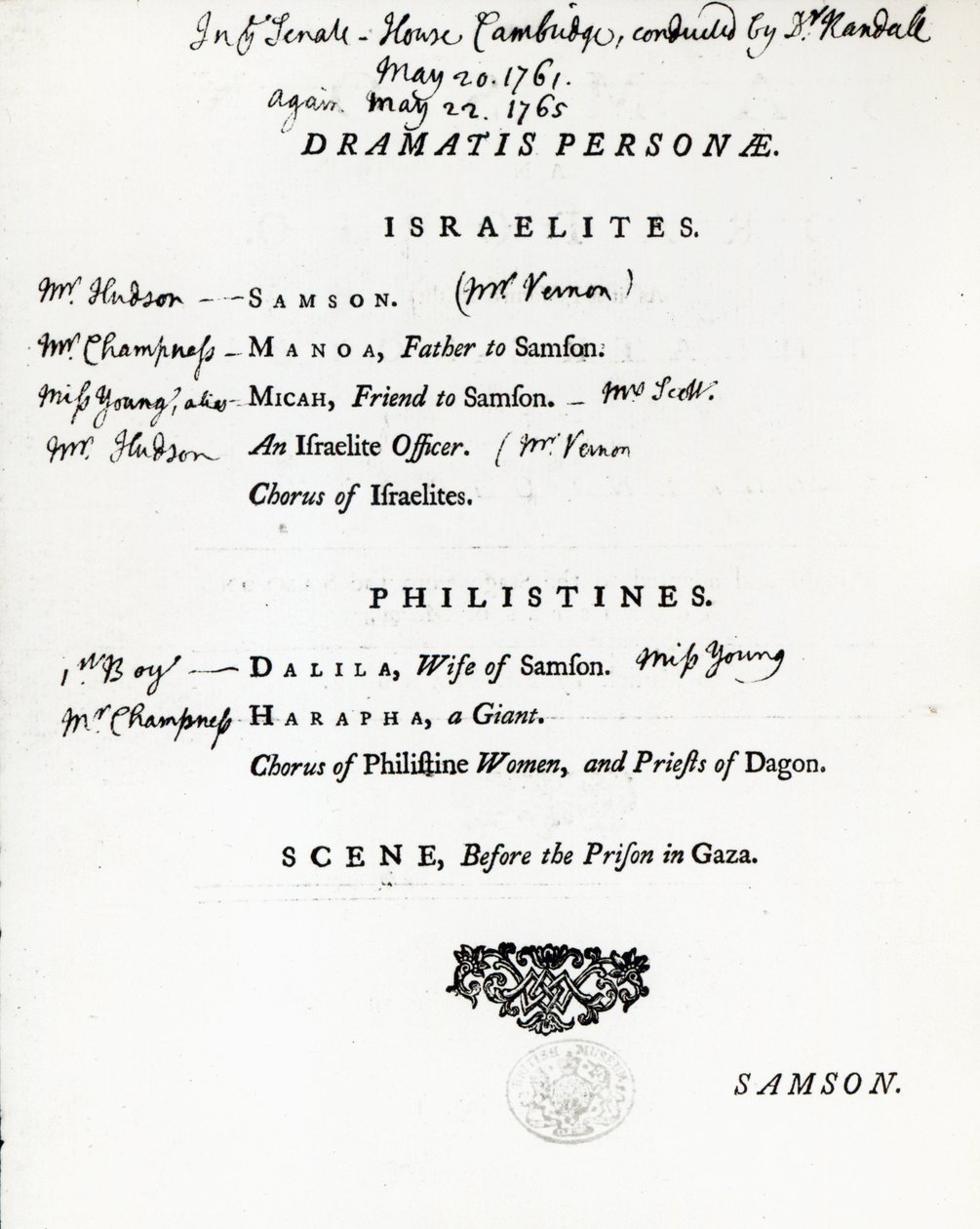 Dramatis Personae for Simson, Händelin oratorio, julkaistu vuonna 1759 tekijältä English School