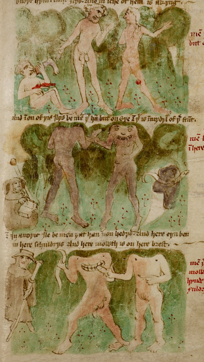 "Piirroksia Dondunin valtakunnan hirviömäisistä roduista, mukaan lukien kykloopit, kannibalistiset jättiläiset ja blemmyae", kuvitus teoksesta "Travels of Sir John Mandeville" (muste ja väri tarranauhalla) tekijältä English School