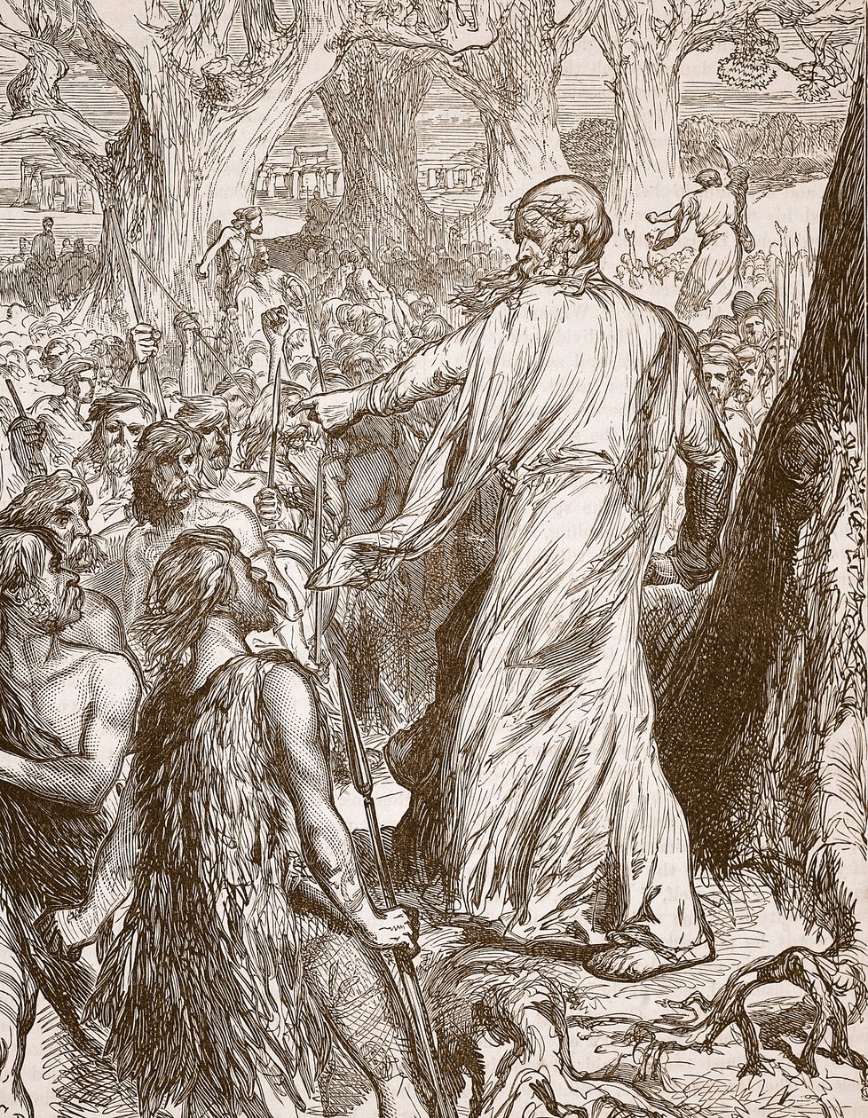 Druidit yllyttävät brittejä vastustamaan roomalaisten maihinnousua, kuvitus Cassells Illustrated History of Englandista (seepiakuva) tekijältä English School