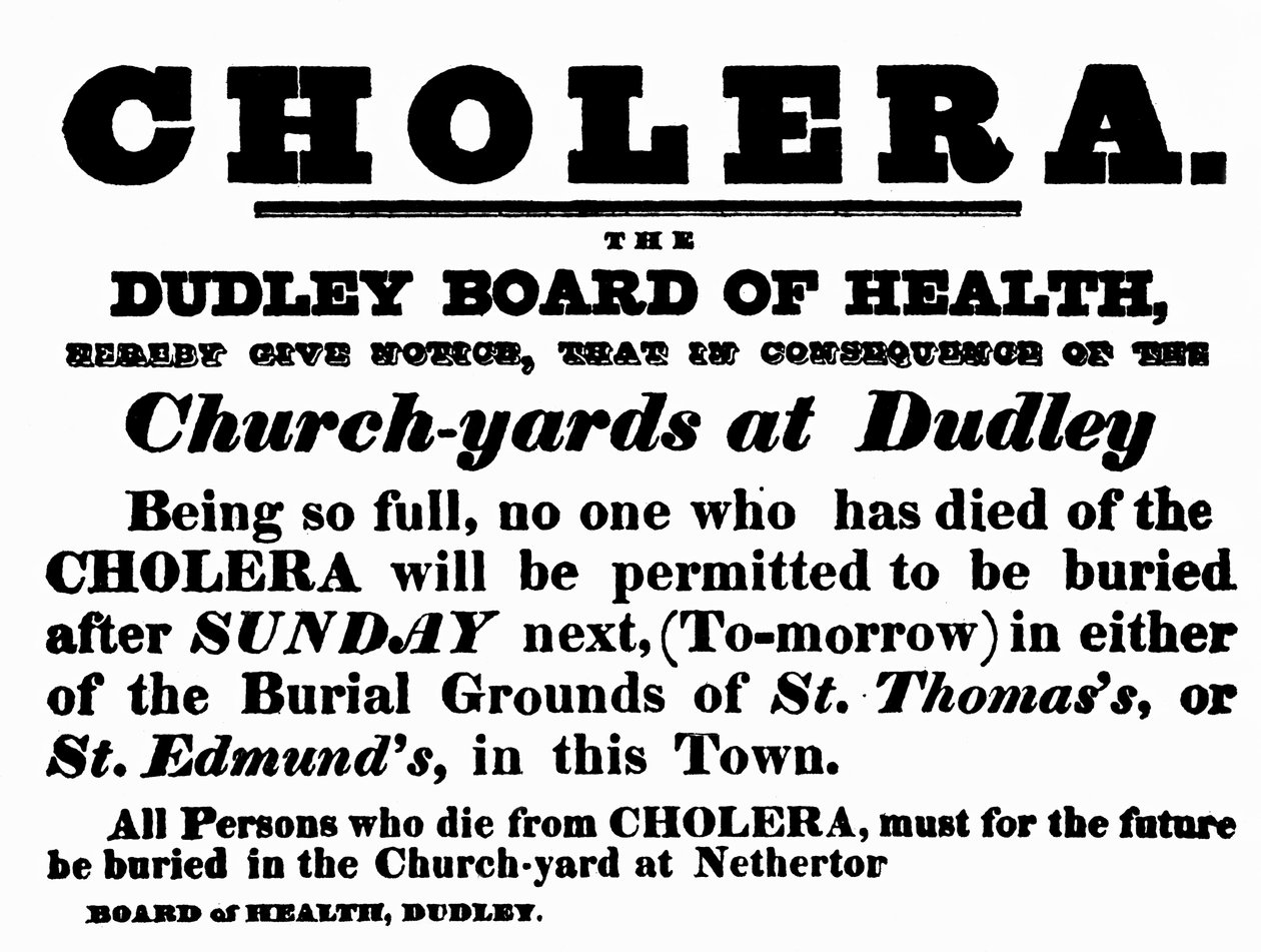 Dudley Board of Health -juliste, jossa kerrotaan koleraan kuolleiden ihmisten hautausmenettelystä, noin 1840-luku tekijältä English School