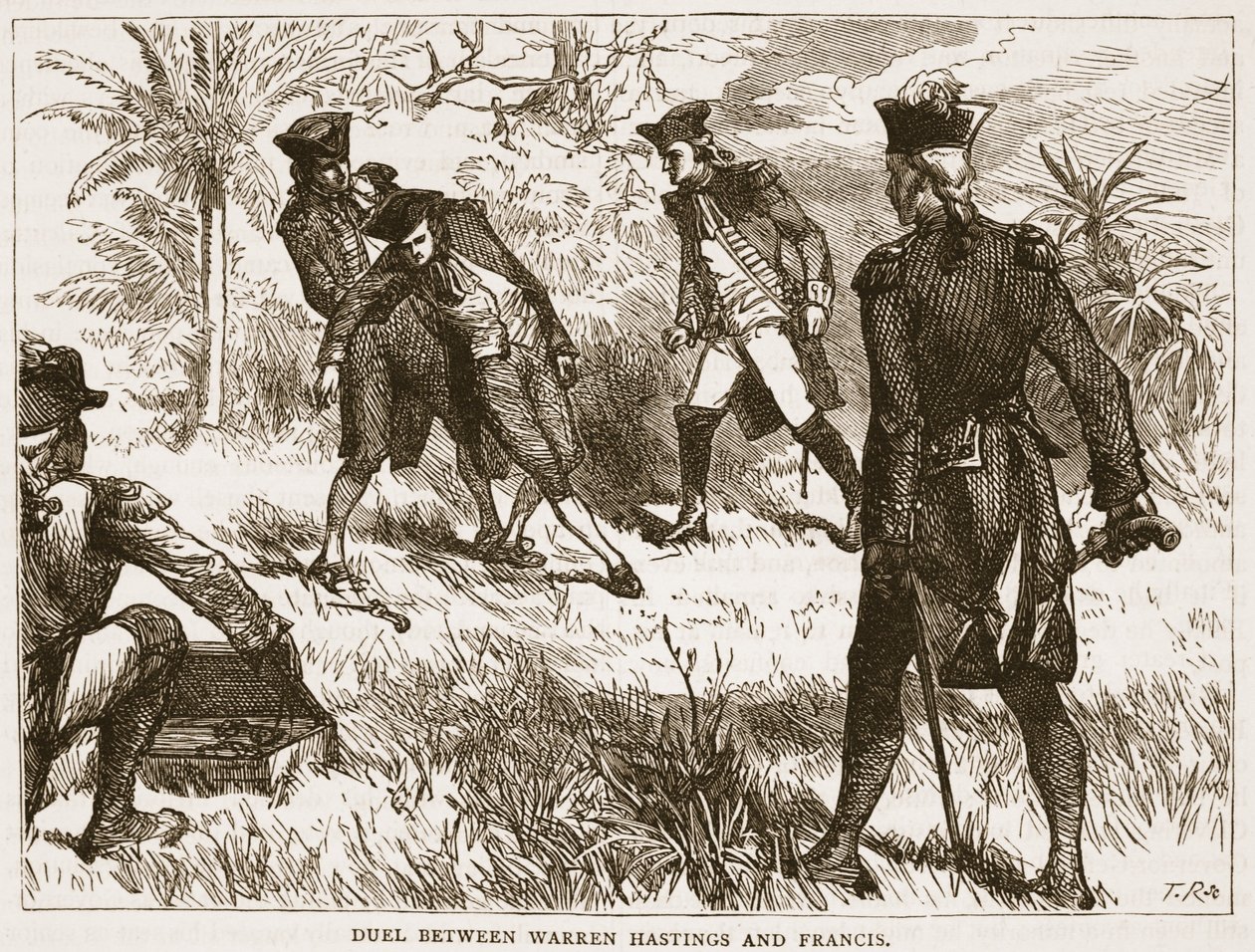 Warren Hastingsin ja Francisin kaksintaistelu, kuvitus James Grantin Cassells Illustrated History of Indiasta, pubi. 1879 tekijältä English School