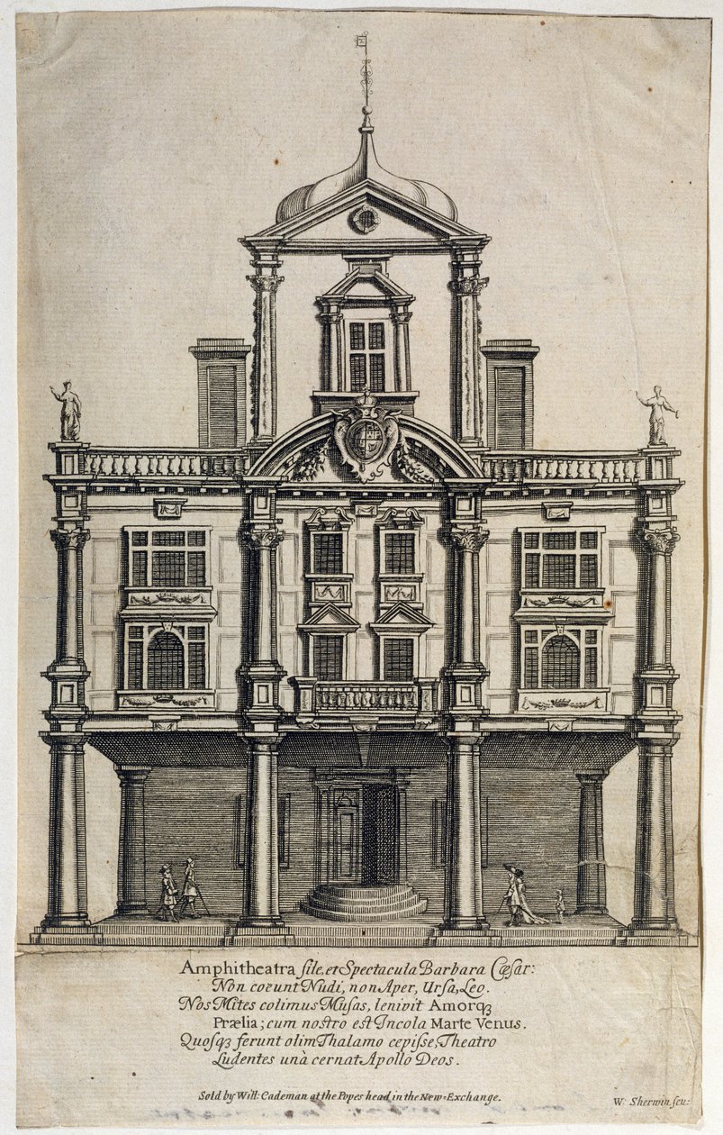 Dukes Theatre, Dorset Gardens, kaiverrus W. Sherwin (n. 1645-1711) 1673 tekijältä English School