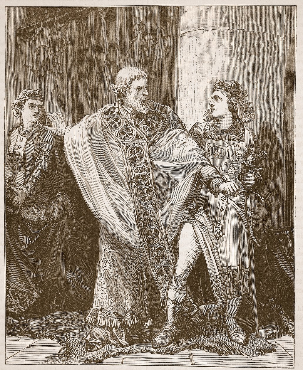 Dunstan vetää Edwyn pois Elgivan luota, kuvitus Cassells Illustrated History of Englandista (seepiakuva) tekijältä English School