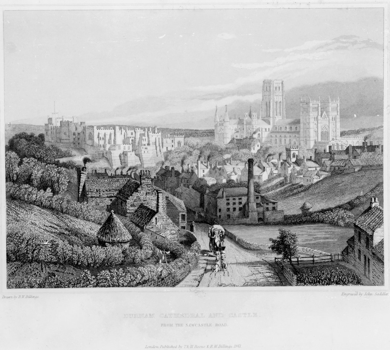 Durhamin katedraali ja linna Newcastle Roadilta, 1841 tekijältä English School