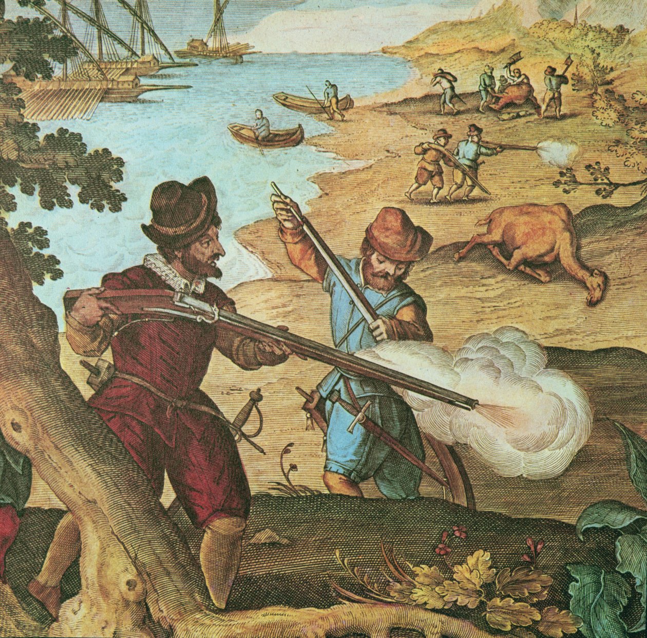 Alankomaalaiset merimiehet aseistettuina tulitikkumusketeilla, ampuvat kameleja alusten varastoimiseksi (käsinvärinen kaiverrus) tekijältä English School