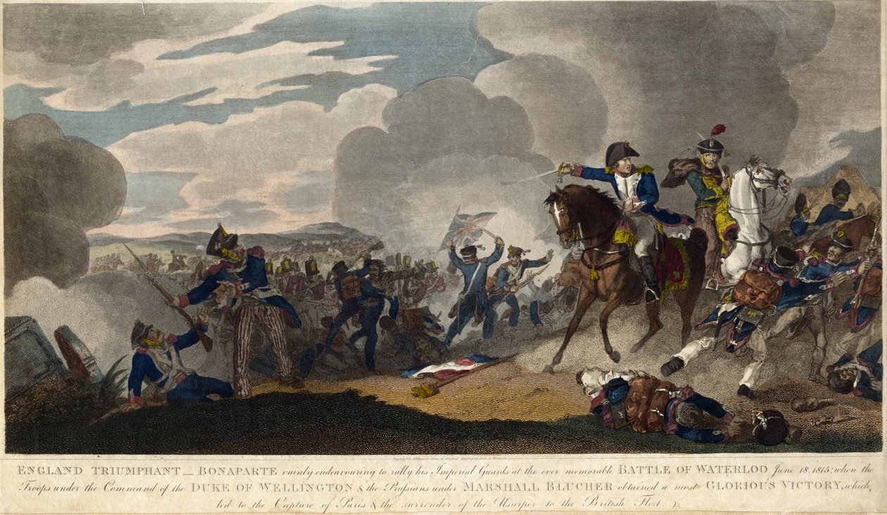 ENGLANTI VOITTOA. Napoleon yrittää koota keisarillisen kaartin Waterloon taistelussa n. 1815 (kaiverrus) tekijältä English School