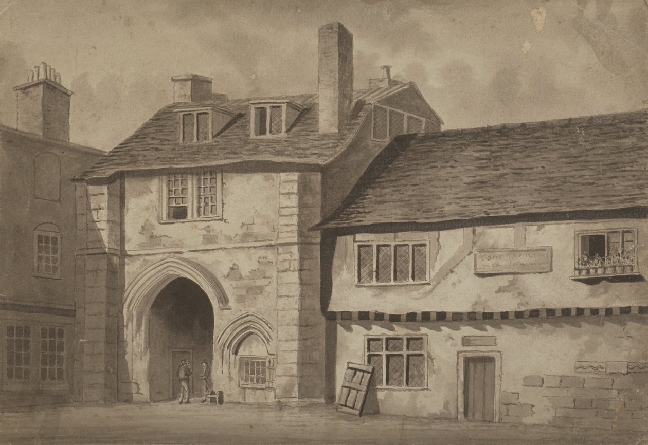 Itänäkymä St Saviourin luostarille, Bermondsey, n. 1825 (kynä, lyijykynä ja pesu paperille) tekijältä English School