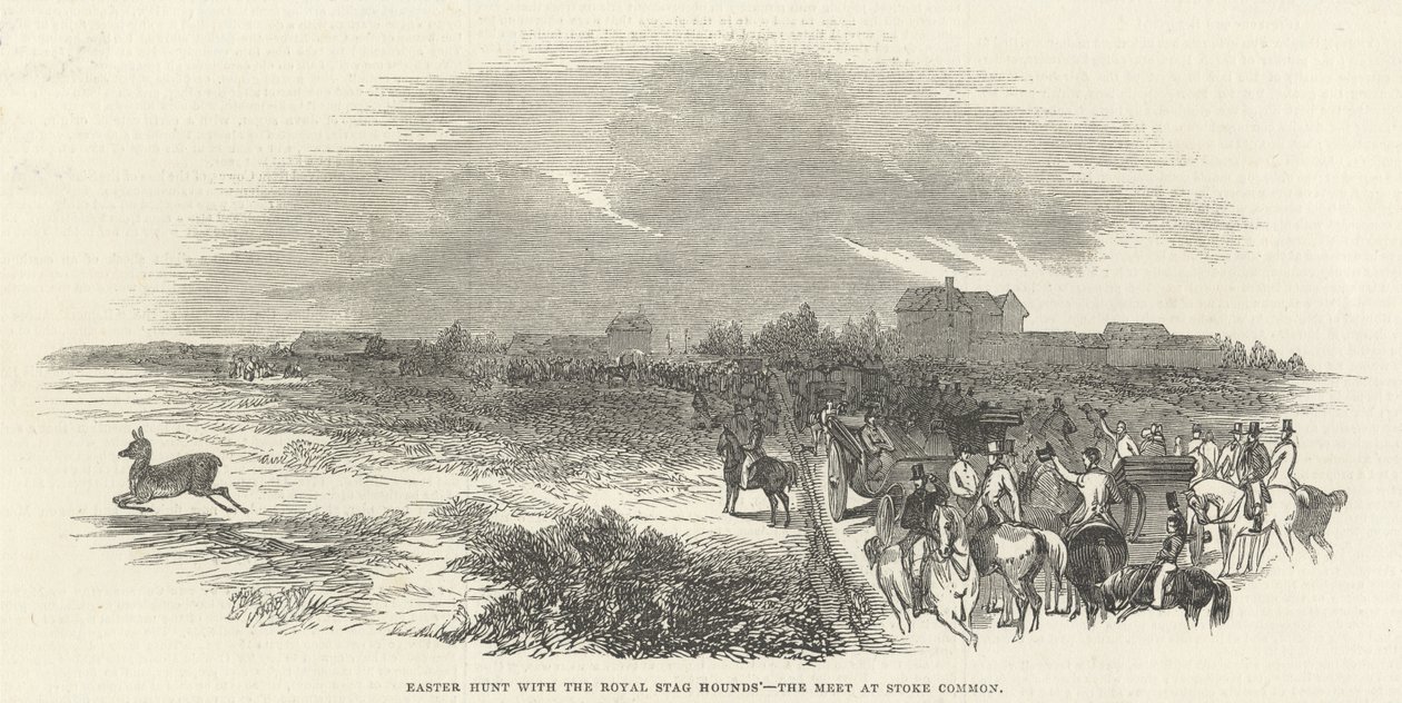 Pääsiäismetsästys kuninkaallisten polttarikoirien kanssa: Meet at Stoke Common, The Illustrated London News, 29. maaliskuuta 1845 tekijältä English School