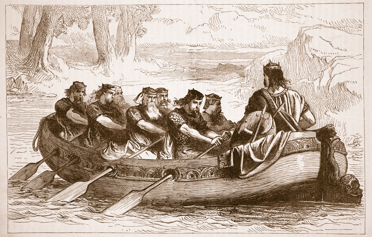Kahdeksan sivupuolen prinssiä soutaa Edgar the Pacific -jokea alas Dee-jokea, kuvitus Cassells Illustrated History of Englandista (seepiakuva) tekijältä English School
