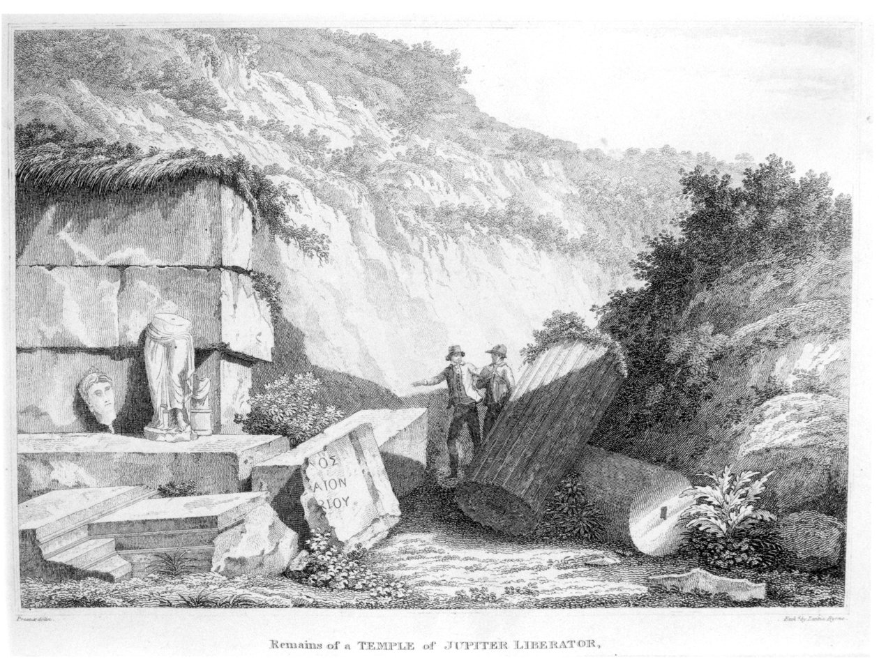 Edward Daniel Clarke (1769-1822) vierailee Jupiter Liberatorin temppelin jäännöksissä Troadissa, osasta 2 Travels in Various Countries of Europe, Aasia ja Afrika, julkaistu 1812 (bw tekijältä English School