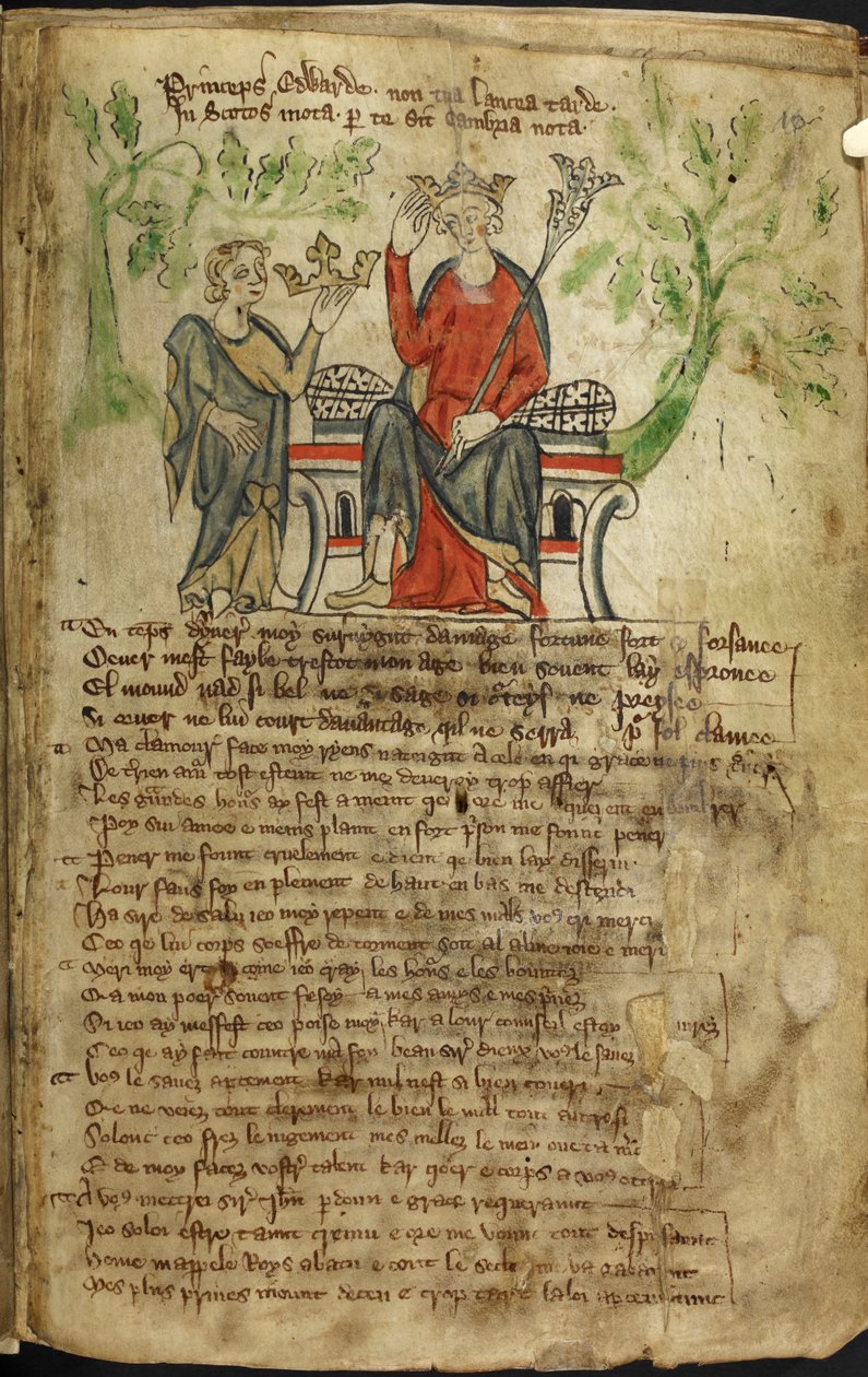 Edward II istuu valtaistuimella, valtikka vasemmassa kädessään ja koskettaa kruunuaan oikealla kädellään. Pieni hahmo (mahdollisesti Walesin henkilöitymä) tarjoaa hänelle toisen kruunun (luultavasti Skotlannin kruunun). Uskotaan, että toinen luku on an tekijältä English School